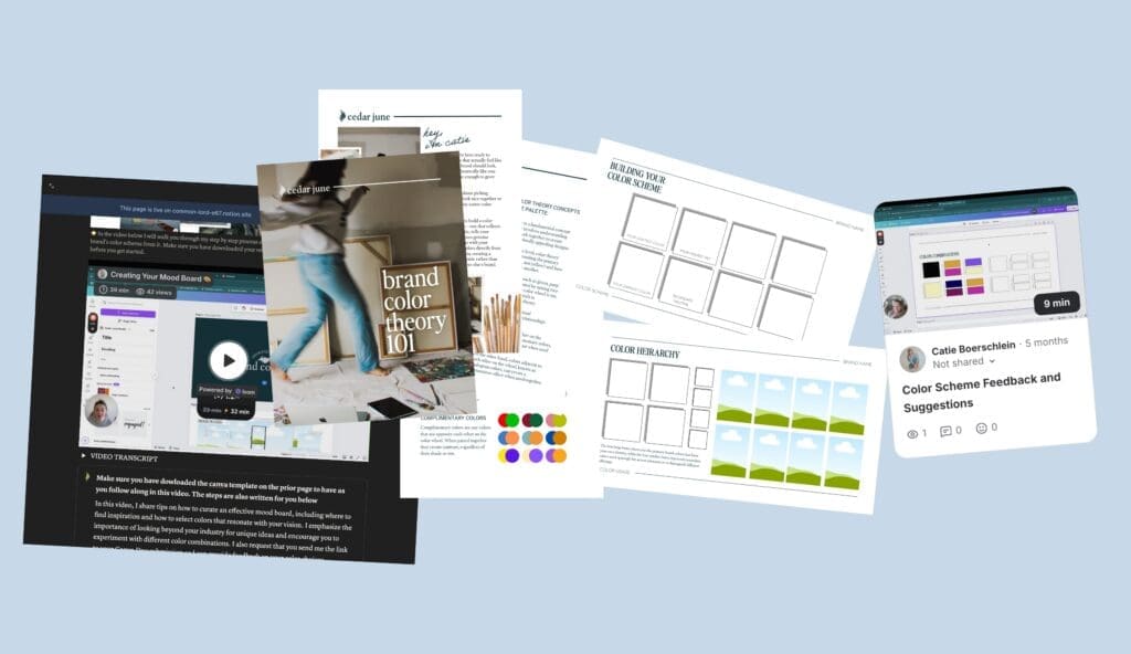 Mockup showing resources inside the brand color kit including brand color theory 101 pdf, Canva Template - Notion Tutorials - Loom 1:1 Feedback
